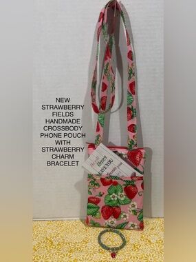 NEW STRAWBERRY FIELDS PINK HANDMADE CROSSBODY PHONE POUCH W/STRAWBERRY BRACELET